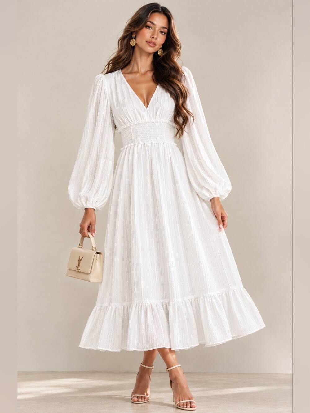 Women's White V Neck Long Puff Sleeve Smocked Waist Dress Size Small